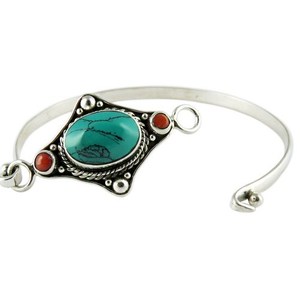 Brazaletes de Plata de Ley 925 con Turquesa y Coral, Joyería de Moda Bohemia, Cristiana, Unisex, India - Product Image 3