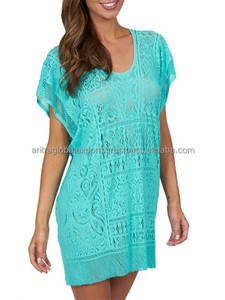 Haute qualité femmes coton caftan motif fleuri une pièce plage tunique robe avec dentelle à manches courtes maillot de bain couverture - Product Image 5