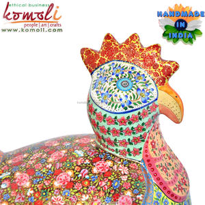 Colorful floral hand painted papier mache rooster figurine decorative <b>box</b>, handcrafted artisan cockerel showpiece - Product Image 3
