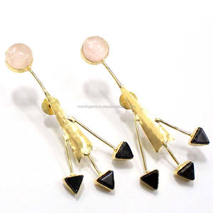 Rose-Quartz Black Trillion <b>Long</b> Vintage Handmade Stud <b>Earrings</b> Alloy 18K Gold Plated Pearl Main Stone Trendy Wedding Engagement - Product Image 2