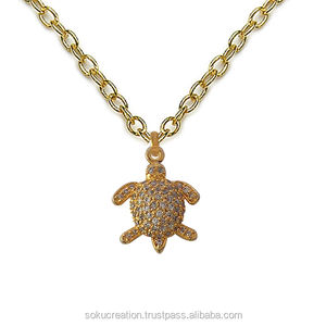 SOKU#1535 Classic Style Vermeil Gold Plated Tortoise <b>Charm</b> Pendant Designer Artisan Handmade Brass <b>Jewelry</b> with Stone Necklace - Product Image 1
