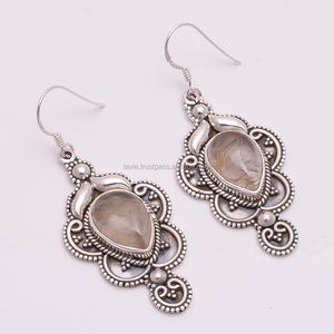 925 <b>Solid</b> Sterling <b>Silver</b> Gemstone <b>Earrings</b>, Golden Rutile Gemstone <b>Silver</b> Jewelry Supplier, Wholesaler <b>Silver</b> Gemstone Jewelry - Product Image 1