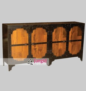 Buffet de rangement industriel en bois avec armoire à buffet métallique intégrée, 4 portes, artisanat indien, meubles pour hôtel et salon - Product Image 4