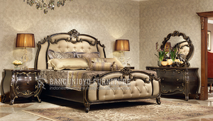 Juego de dormitorio de estilo suave para cama tamaño King de caoba de madera maciza tallada antigua italiana para muebles para el hogar - Product Image 1