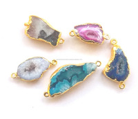 Pendentif unisexe plaqué or 18 carats avec tranche d'agate naturelle et druse, motif en forme de chiffre mignon, fait main, double attache, idéal pour mariage, fête, fiançailles, cadeau