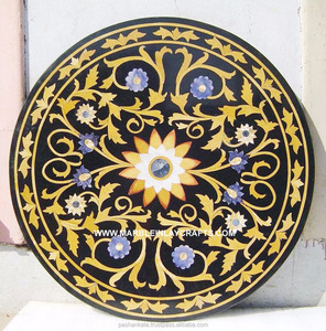 Tablero de Mesa de Comedor con Incrustaciones de Mármol Negro, Tableros de Mesa de Mármol Hechos a Mano - Product Image 1