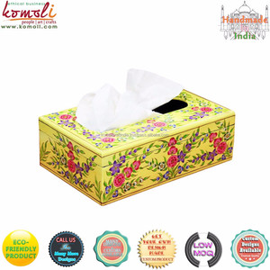 Boîte à mouchoirs en bois peinte à la main, grande forme carrée, motif floral noir - Product Image 5