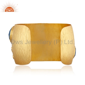 Brazaletes de latón chapados en oro de diseñador, pulseras de piedras preciosas de Calcedonia azul y amatista hidráulica, joyería hecha a mano del fabricante - Product Image 2