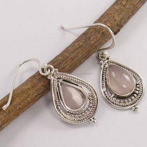 Pendientes clásicos de Plata de Ley 925 naturales hechos a mano de moda, piedras preciosas de cuarzo rosa para mujeres y niñas - Product Image 2