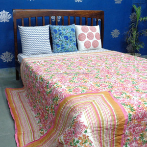 Direct Manufacturer's New Products Organic Cotton <b>Queen</b> <b>Size</b> <b>Quilt</b> Orange Jaal Indian Block Print Wholesale Patchwork <b>Quilts</b> - Product Image 4