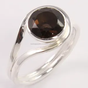 Tribale 925 Massief Sterling Zilveren Bezel Setting Ring Kies Elke Maat Natuurlijke Rokerige Kwarts Ronde Edelsteen