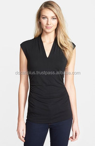 Ladies Black Ruched Side Deep V-Neck Sleeveless Halter Top - Product Image 6