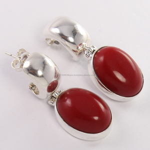 Best Seller hecho a mano CORAL rojo Oval cabujón piedras preciosas 925 joyería de plata esterlina pendiente de tuerca regalo para ella - Product Image 2