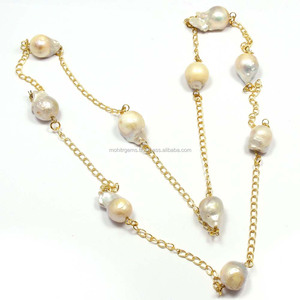 Collar de cadena de eslabones de perlas barrocas chapadas en oro de 18 quilates sin fin largo-Material de aleación Regalo de fiesta de compromiso de boda - Product Image 1