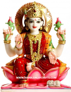 Estatua de la Diosa Laxmi en Mármol Blanco, Diseño Colorido y Atractivo, Escultura de la Diosa Laxmi Pintada en Mármol Blanco - Product Image 3