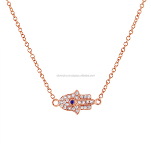 Vente en gros de pendentif Hamsa en or rose 18 carats pour enfants avec véritable saphir et pierres précieuses, collier solide en diamant - Product Image 2