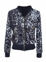 Blouson Bomber Femme Personnalisé à Paillettes Manches Longues Broderie Métallique Polyester Rembourré Fermeture Éclair Avant Poignets Côtelés Matelassé
