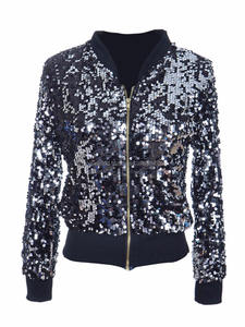 Blouson bomber long à sequins pour femme avec rembourrage en polyester, fermeture éclair sur le devant et poignets côtelés, finition matelassée pour les soirées dansantes - Product Image 4