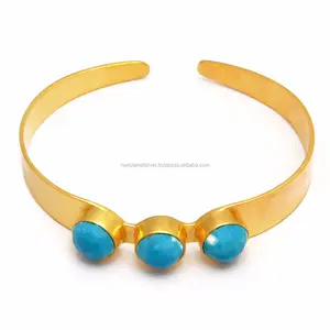 Adjustable Gold Vermeil Bezel Set 3 Stone Turquoise Gemstone Bangle