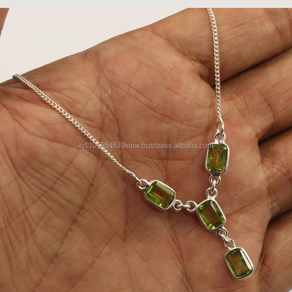 Xu Hướng Cửa Hàng Bán Buôn Tự Nhiên Peridot Đá Quý Của Phụ Nữ Thời Trang Vòng Cổ 925 Rắn Sterling Bạc Đồ Trang Sức