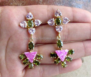 Olive Green <b>Crystals</b> Pink Druzy Stud <b>Earrings</b> Delicate Trendy Bridesmaids Bridal Wedding Party Engagement Anniversary Gift Main - Product Image 1