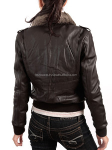 Blouson d'aviateur en cuir véritable pour femmes avec col en fourrure matelassé et respirant dernier design de mode vêtements d'extérieur tendance pour femmes - Product Image 5
