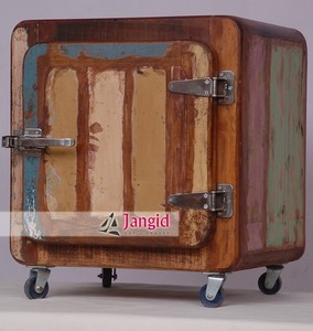 Vintage Fridge Shape Storage Bedside <b>Table</b> on <b>Wheels</b> <b>with</b> Antique Door Multipurposes For Living Room Hotels Indian Furnitures - Product Image 5