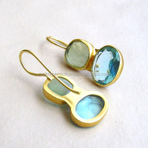 Boucles d'oreilles créoles en pierre de couleur chacledony bleue et topaze bleue pour les mariages et les fiançailles - Product Image 1