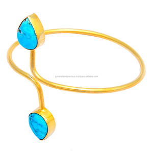 Turquoise & <b>Gold</b> <b>Plated</b> 925 Sterling Silver Adjustable Fine <b>Bangle</b> with Gemstone - Product Image 1