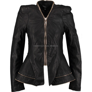 Venta al por mayor de alta calidad Premium Ladies Unique Peplum Zip Trims chaqueta de cuero para la venta - Product Image 1