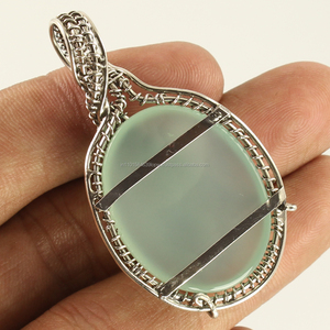 Bijoux en argent sterling massif 925, pendentif antique, pierre précieuse naturelle AQUA CHALCEDONY, sertissage circulaire, forme poire, bijoux fins - Product Image 2