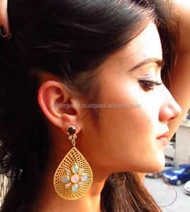 Women's Gold-Dipped Ethnic Filigree <b>Earrings</b> Multi-Color Onyx <b>Drop</b> Dangling Brass Diamond <b>Pearl</b> Wedding Engagement Party Gift - Product Image 3