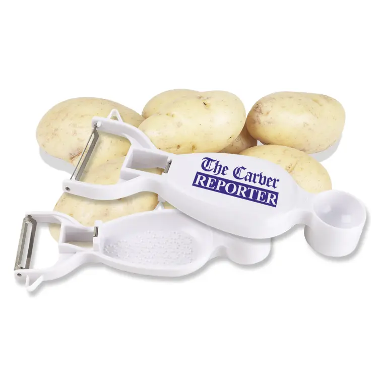 Multi-Use Vegetable Peeler - use to peel, grate, eye potatoes, open bottles and measure liquids and comes with your logo