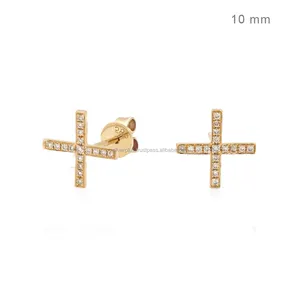 High Quality Solid 14K Yellow Gold SI Clarity G H Color Diamond Cross Stud Earrings Wholesale Minimalist Jewelry Supplier