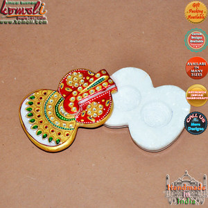 Marble Ganesha Pooja Thali with Kumkum Holder Religious Indian Wedding Favor Painted <b>Stone</b> Technique - Product Image 3