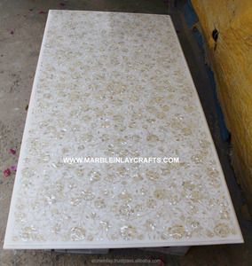 White Marble Inlay Dining Rectangular Table Top, Pietra Dura - Product Image 1