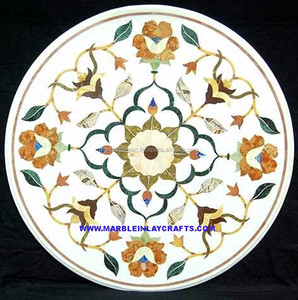<b>White</b> Marble <b>Round</b> Inlay <b>Table</b> Top, Dining Marble <b>Table</b> Top - Product Image 1