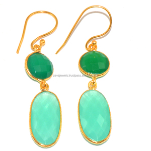 ต่างหูโลหะชุบทองทองเหลือง,ต่างหูชุบเคลือบทองห้อยยาวสำหรับผู้หญิงเหมาะเป็นของขวัญแต่งงานสีเขียว Onyx & Aqua Chalcedony - Product Image 1