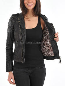 Chaqueta de motociclista de invierno con estilo para mujer Premium, ajustada, de cuero Real, con cierre de cremallera y botón, transpirable acolchado negro - Product Image 4