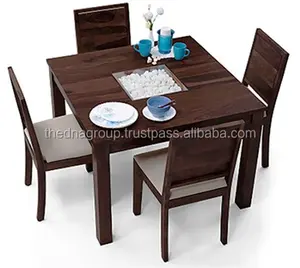 Mahogany color square four sitter wooden dining table set