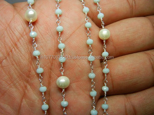 NanPlanetSilver GBC Amazonite with Pearl <b>Silver</b> Plated <b>Wire</b> Gemstone Beaded Chain - Product Image 2