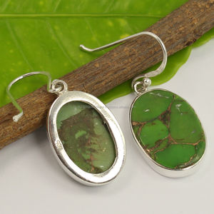 Boucles d'oreilles élégantes en argent sterling 925 massif, serties de pierres précieuses ovales en turquoise cuivre vert, bijoux tendance - Product Image 2