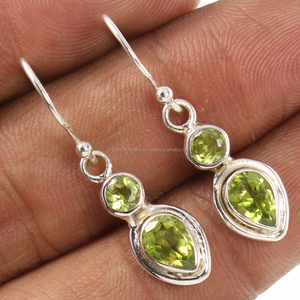 Đáng Yêu Tôn Giáo Dangle Bông Tai Tự Nhiên Màu Xanh Lá Cây Peridot Lê Và Vòng Mặt Đá Quý 925 Rắn Sterling Bạc Đồ Trang Sức - Product Image 1