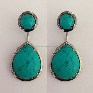 Pendientes Largos Bohemios de Piedra Turquesa Grande con Bisel Chapado en Oro Rosa sobre Acero Inoxidable, para Bodas, Unisex - Product Image 3