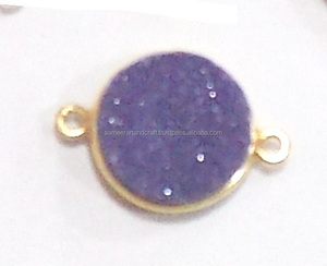 Blue <b>Titanium</b> Gemstone Findings Round Shape Gold Plated Natural Gemstone Double Bail Birthstone Boho Connector - Product Image 4