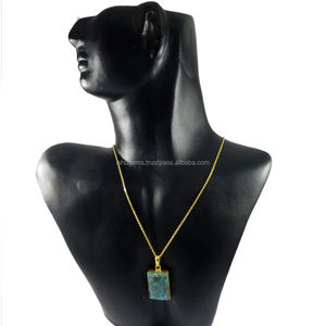 Colgante de bisel de piedras preciosas de crisocola chapado en oro de 18 quilates con cadena estilo clásico aleación moda 2017 - Product Image 3