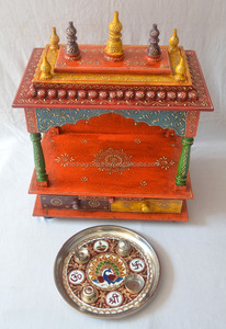 Hermoso Templo de madera pintado a mano Pooja Mandir con 2 cajones Templo de madera tallado a mano de alta calidad para decoración espiritual de oficina