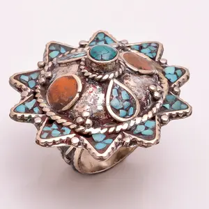 Natural turquoise coral Tibetan rings handmade jewelry bulk wholesale Tibetan jewelry suppliers