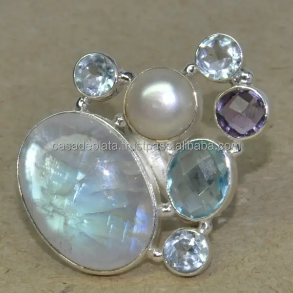 Incantevole pietra di luna arcobaleno, topazio blu, anello di gioielli in argento con gemme di ametista SER2362
