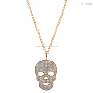 High Quality Solid 14K Rose Gold Genuine G-H Color Diamond Human Skull Pendant Adjustable Chain Necklace Manufacturer